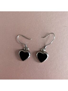 Black Onyx and Sterling Silver 925 Heart Earrings